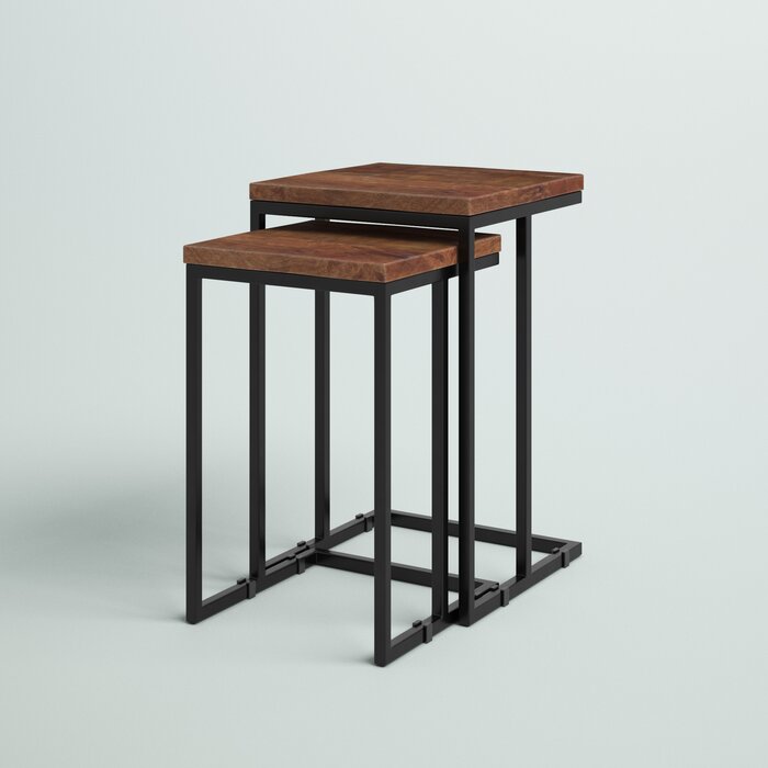 C-Shaped Nesting Tables Set of 2 | Solid Wood End Tables | Industrial Metal Frame