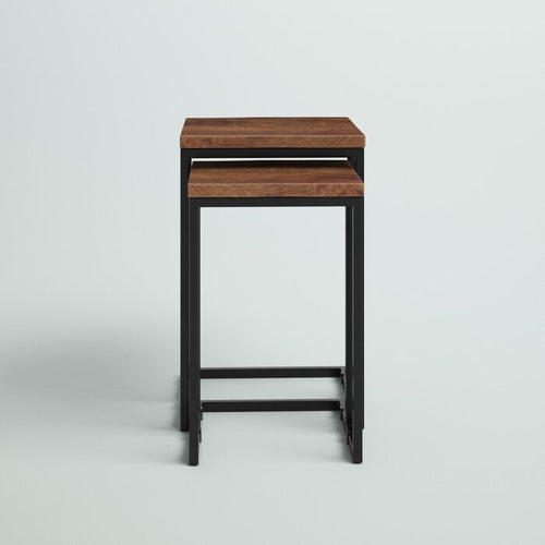 C-Shaped Nesting Tables Set of 2 | Solid Wood End Tables | Industrial Metal Frame