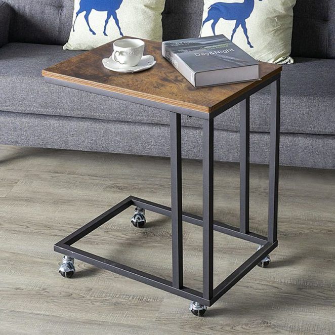 C Shaped End Table with Rolling Casters – Industrial Side Table