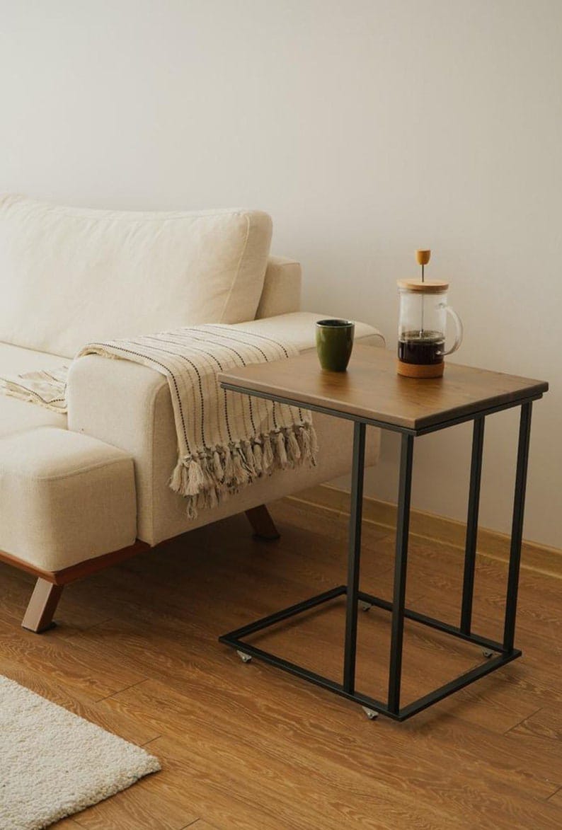 C-Shaped Side Table | Solid Wood Sofa Table | Powder-Coated Metal Frame 18x14