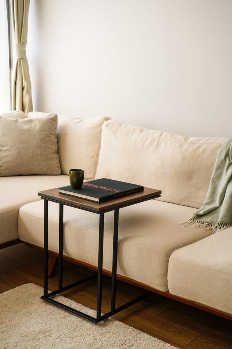 C-Shaped Side Table | Solid Wood Sofa Table | Powder-Coated Metal Frame 18x14