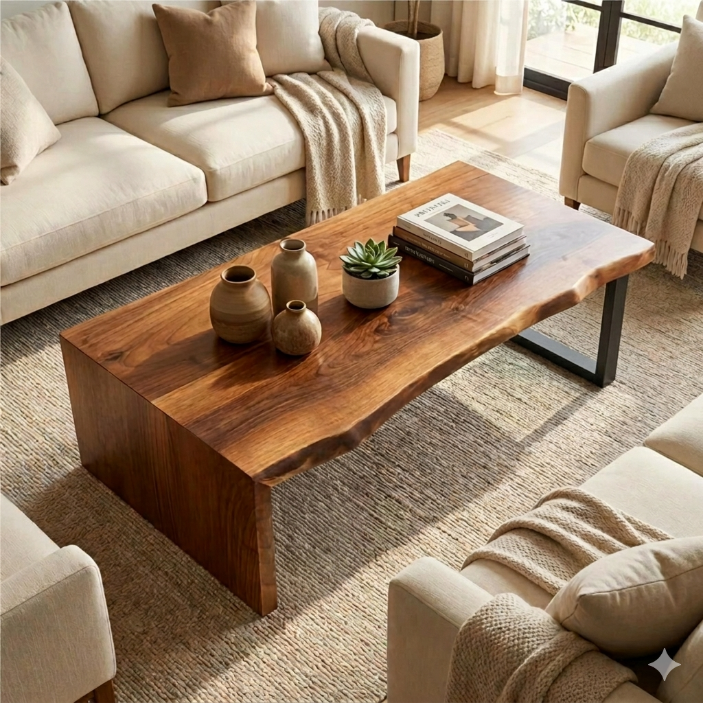Live Edge Waterfall Coffee Table with Glass Legs – Solid Sheesham Wood Luxury Center Table | Aureus Living Pakistan