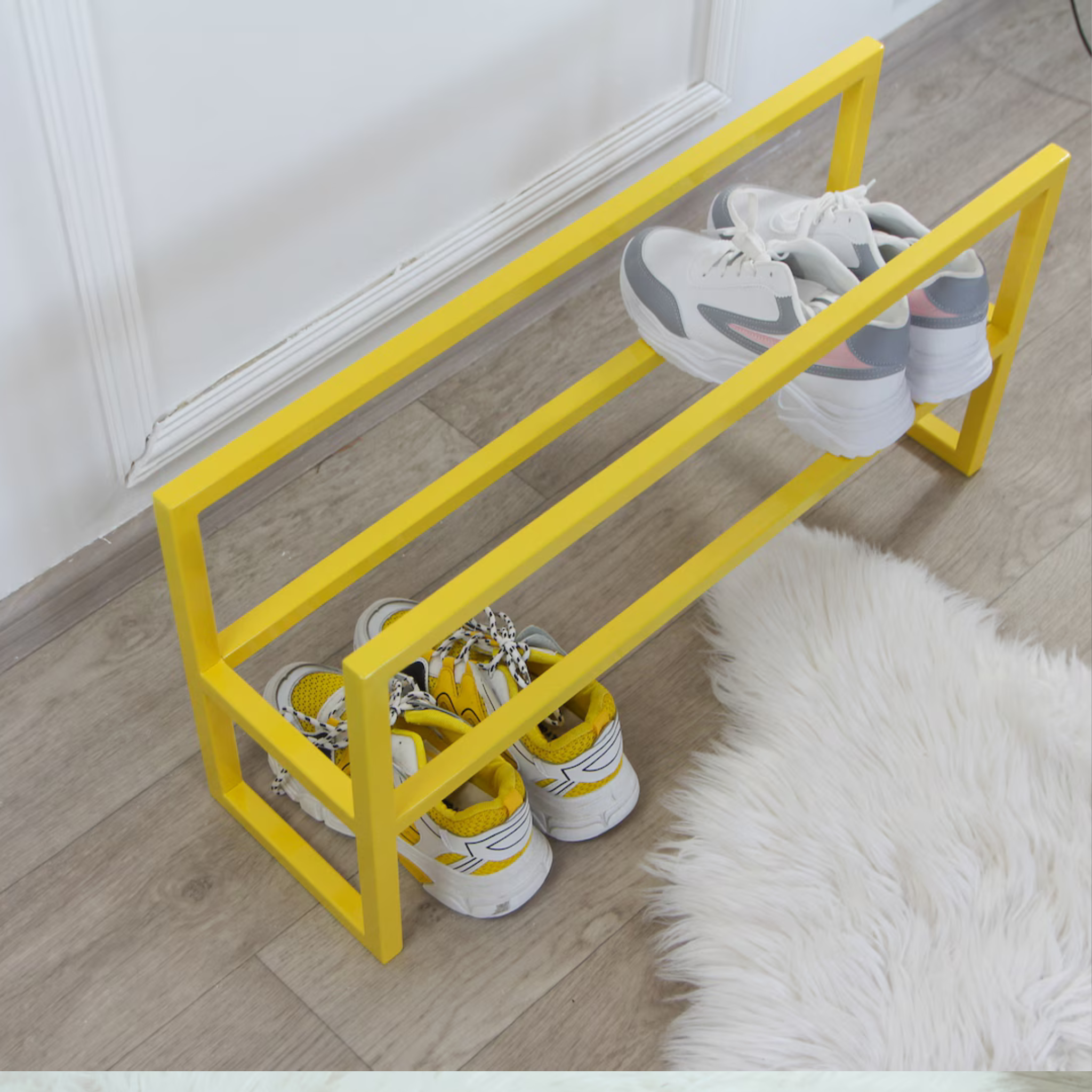 Yellow Metal 2-Tier Shoe Rack – Modern Entryway & Hallway Organizer | Aureus Living