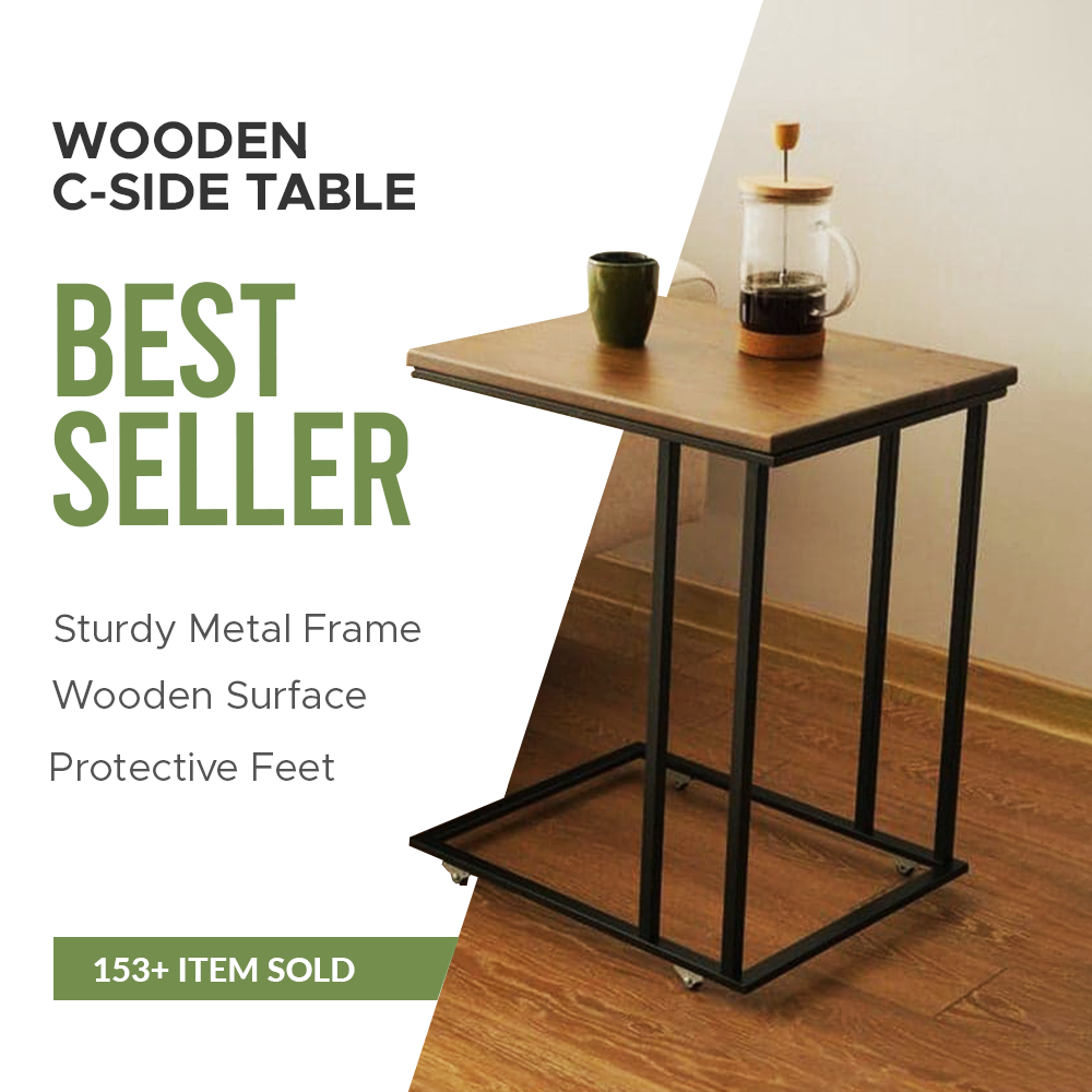 C-Shaped Side Table | Solid Wood Sofa Table | Powder-Coated Metal Frame 18x14