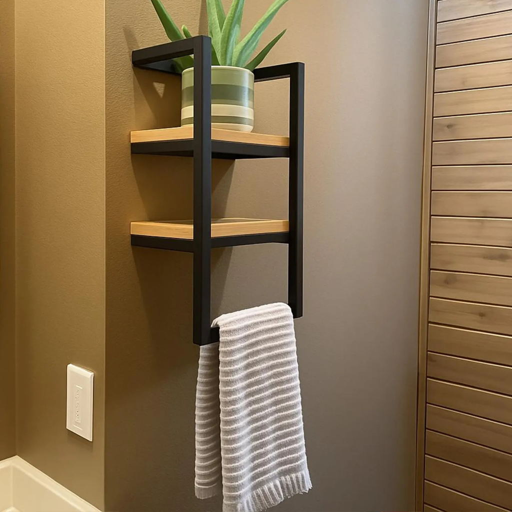 Metal & Wood 2-Tier Wall Shelf with Towel Bar | Modern Bathroom & Kitchen Storage – Aureus Living