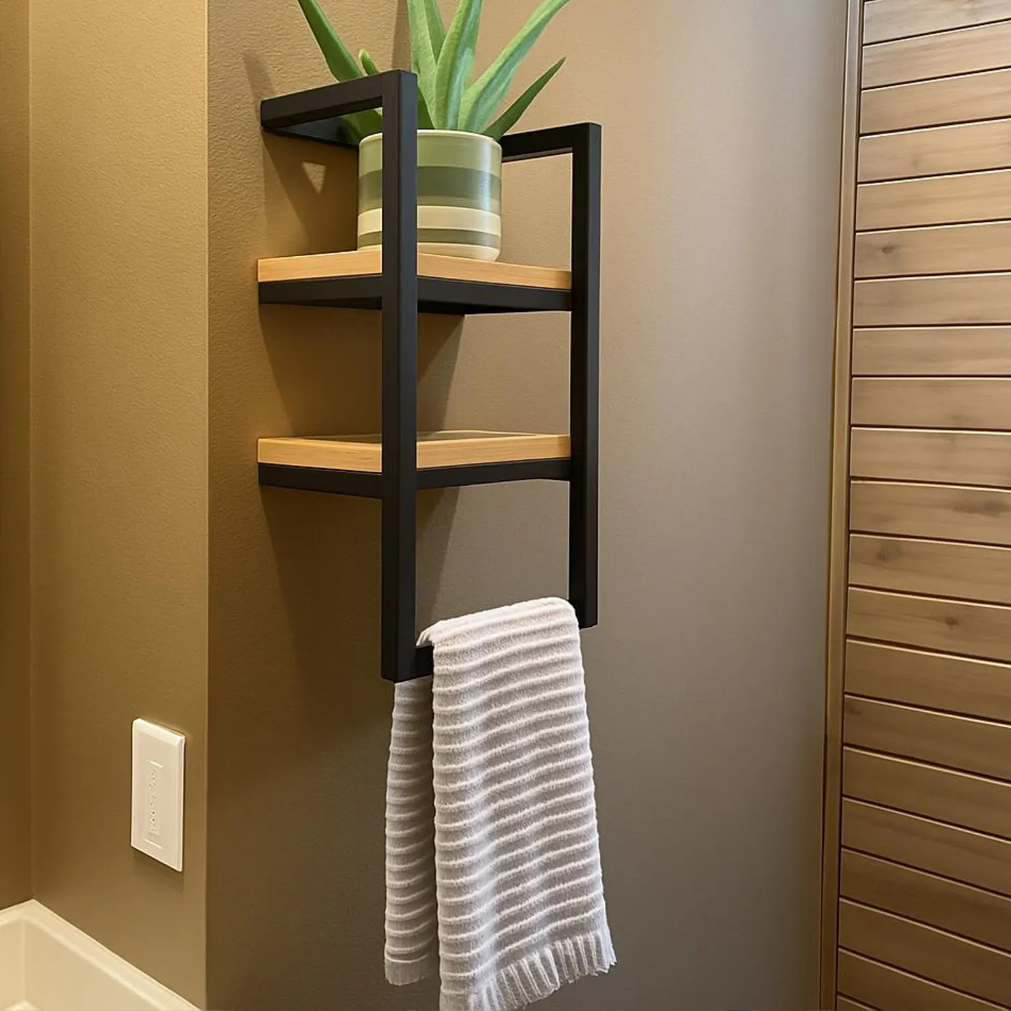 Metal & Wood 2-Tier Wall Shelf with Towel Bar | Modern Bathroom & Kitchen Storage – Aureus Living