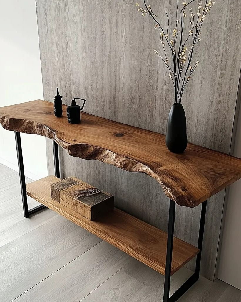 2-Tier Live Edge Console Table – Handcrafted Solid Wood with Metal Legs | Rustic Industrial Entryway Table
