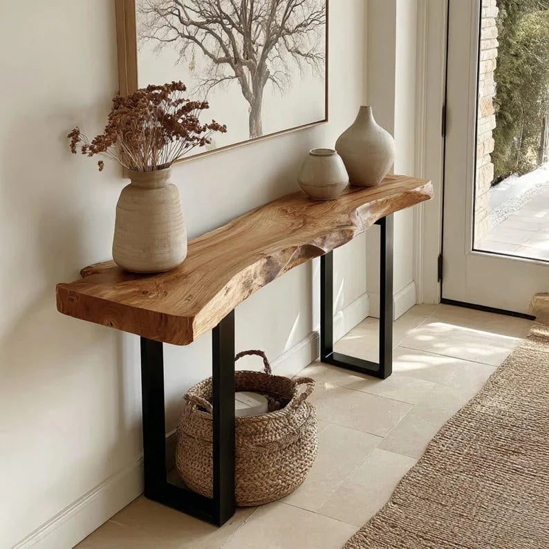Live Edge Sheesham Wood Console Table – Solid Wood Entryway Table with Metal Legs | Aureus Living Pakistan