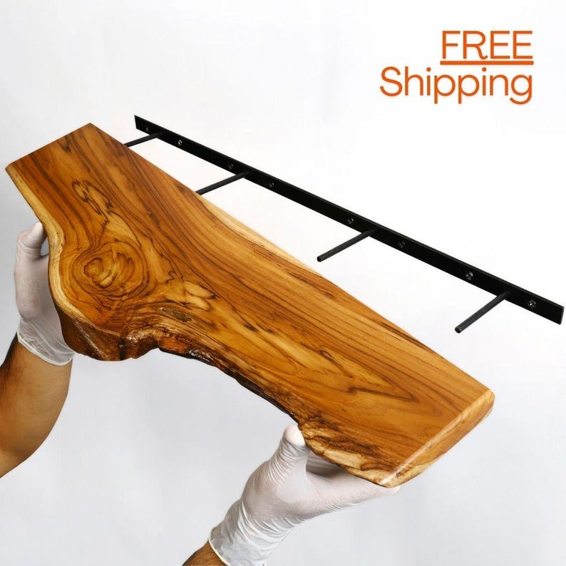 Live Edge Teak Floating Shelf – Rustic Modern Handmade Wood Wall Décor & Kitchen Shelves