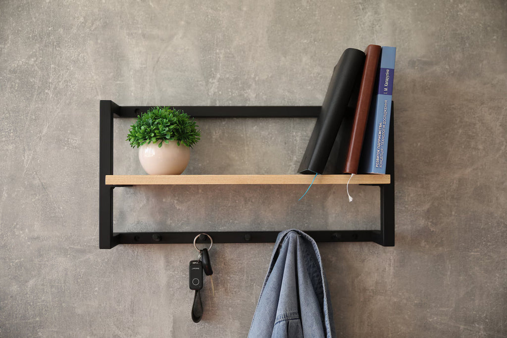 Wooden & Metal Coat Rack Wall Mount with Shelf – Rustic Entryway Organizer