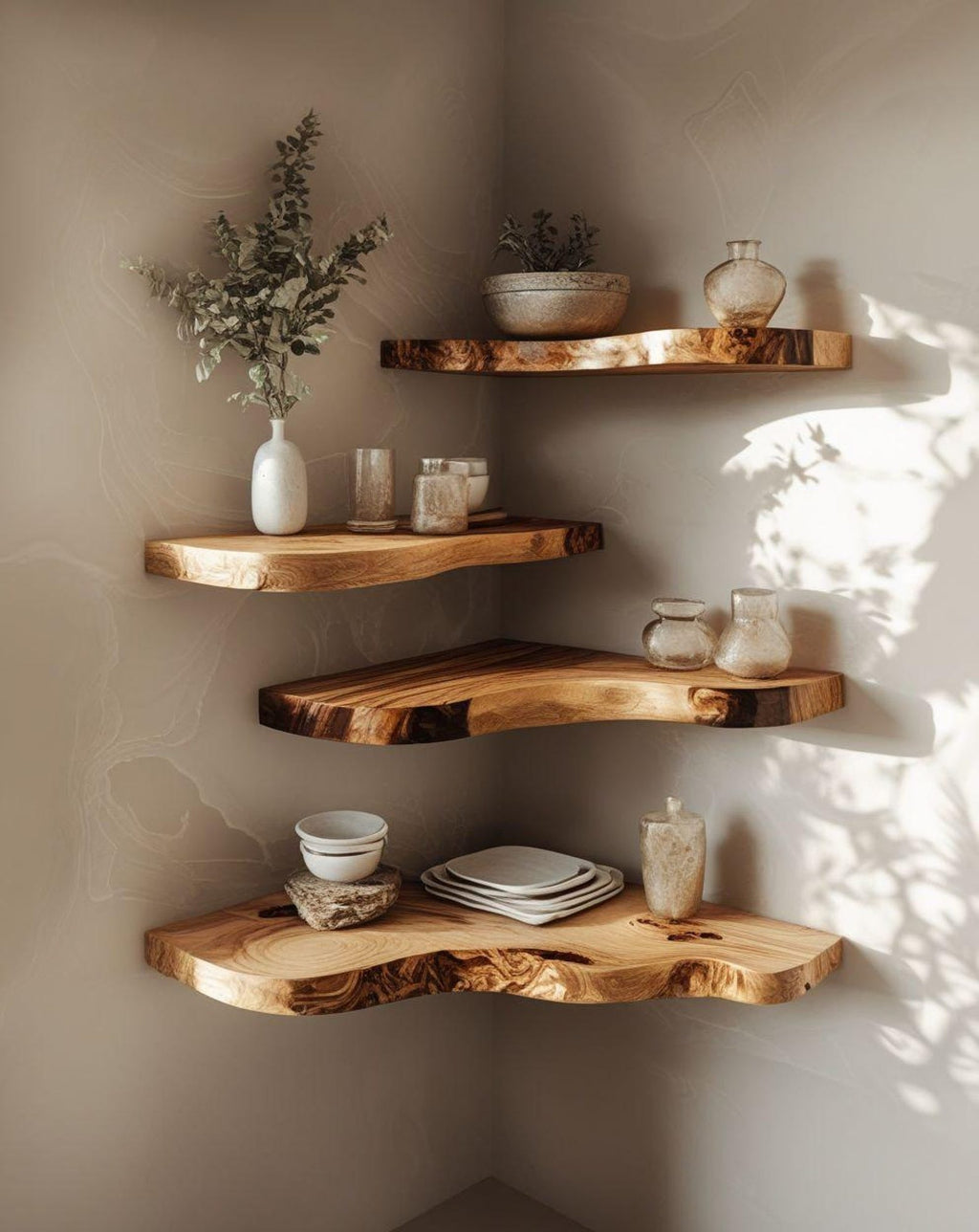 Corner Shelves – Rustic Wooden Floating Corner Shelf | Handcrafted Sheesham Wood with Live Edges for Living Room, Kitchen & Bathroom