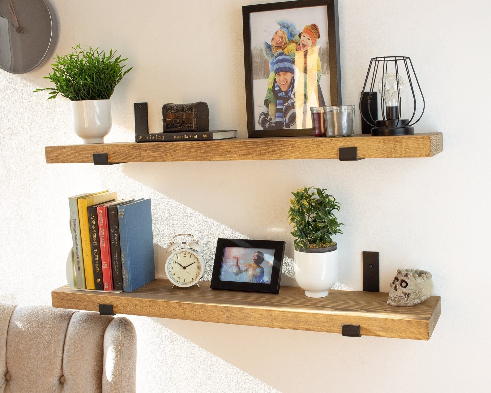 Farmhouse Shelf with Industrial Metal Brackets – Custom Size Floating Shelf | Heavy Duty Rustic Shelf with J Bracket