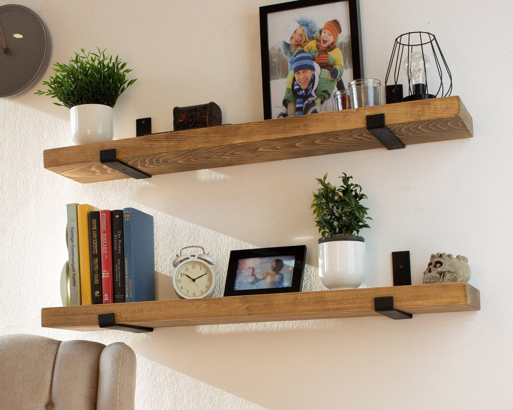 Farmhouse Shelf with Industrial Metal Brackets – Custom Size Floating Shelf | Heavy Duty Rustic Shelf with J Bracket