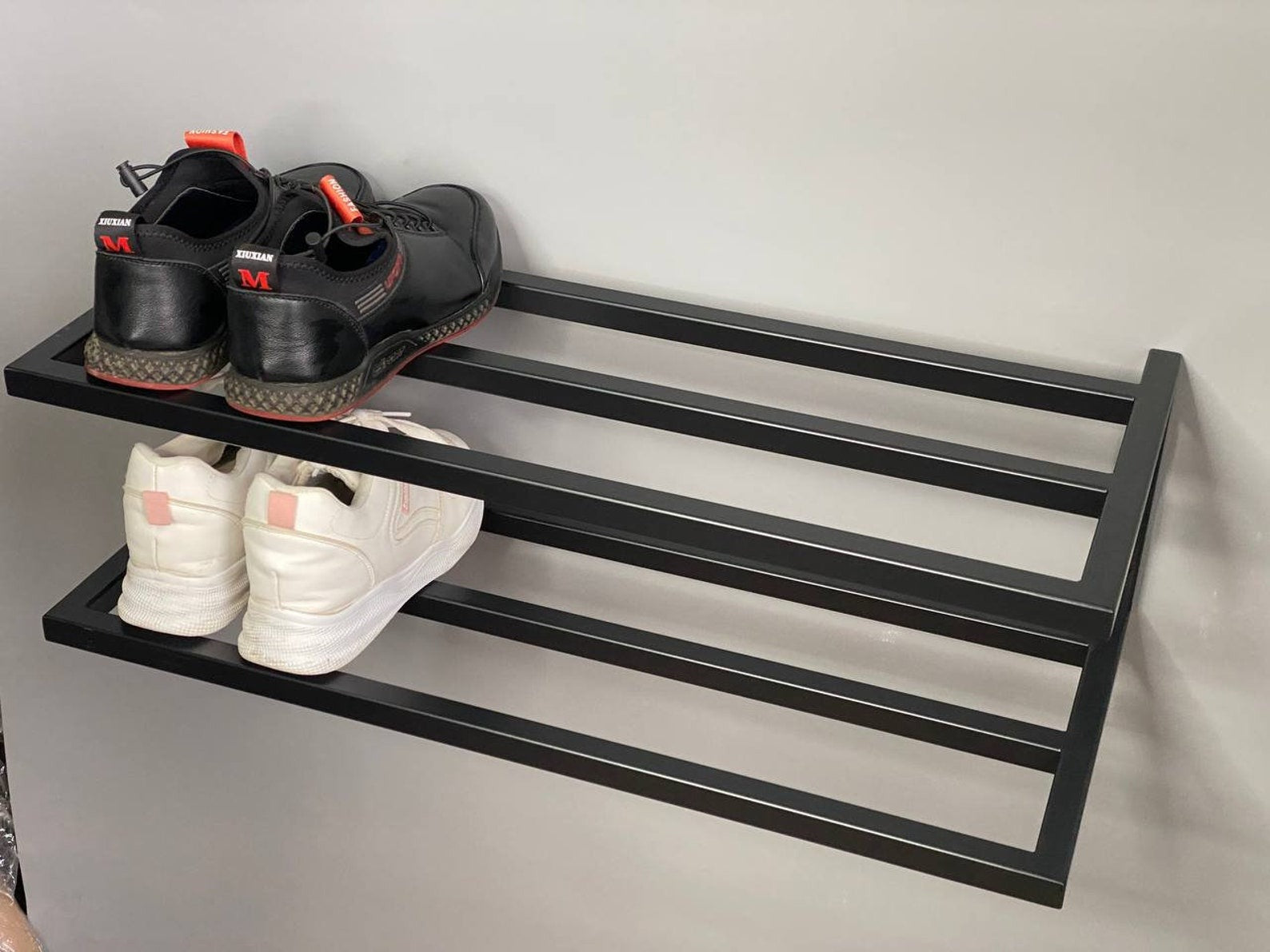 2 Tier Shoe Rack – Wall Mount Metal Shoe Shelf | Industrial Hallway Décor & Rustic Shoe Organizer