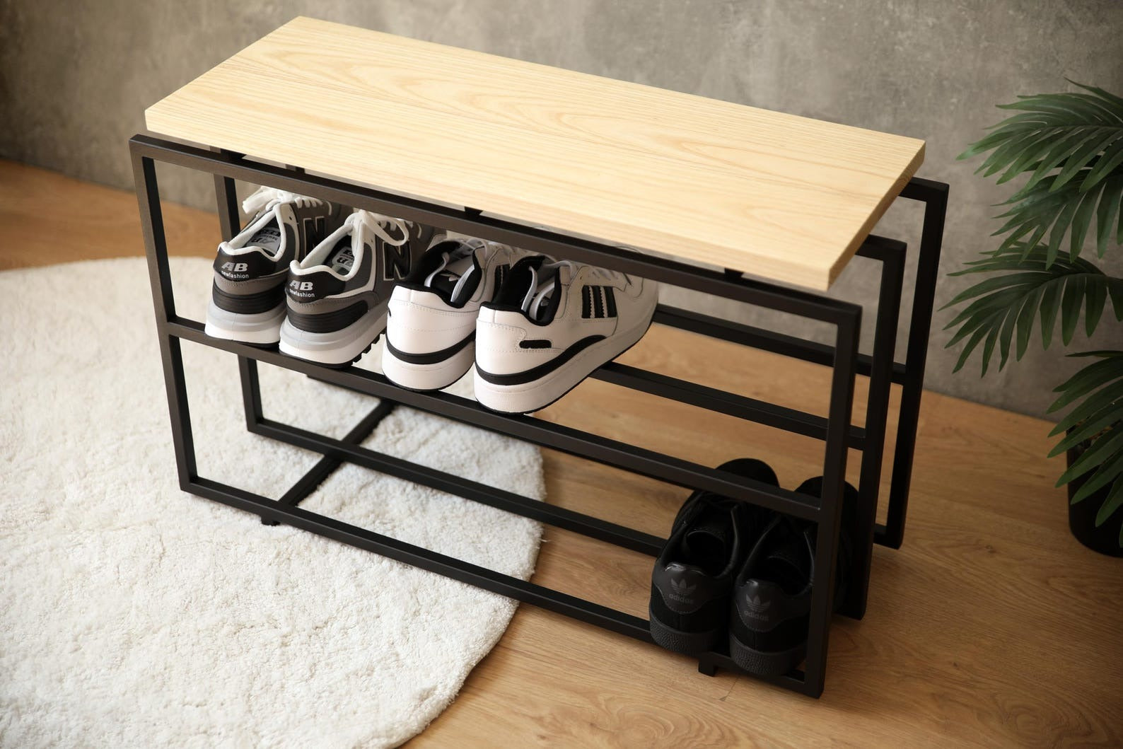 2-Tier Industrial Shoe Bench – Wooden and Metal Shoe Rack with Seat | Hallway Home Storage Organizer