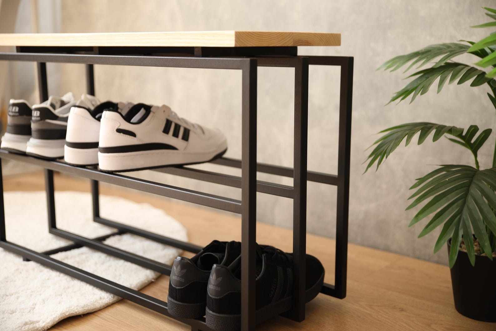 2-Tier Industrial Shoe Bench – Wooden and Metal Shoe Rack with Seat | Hallway Home Storage Organizer