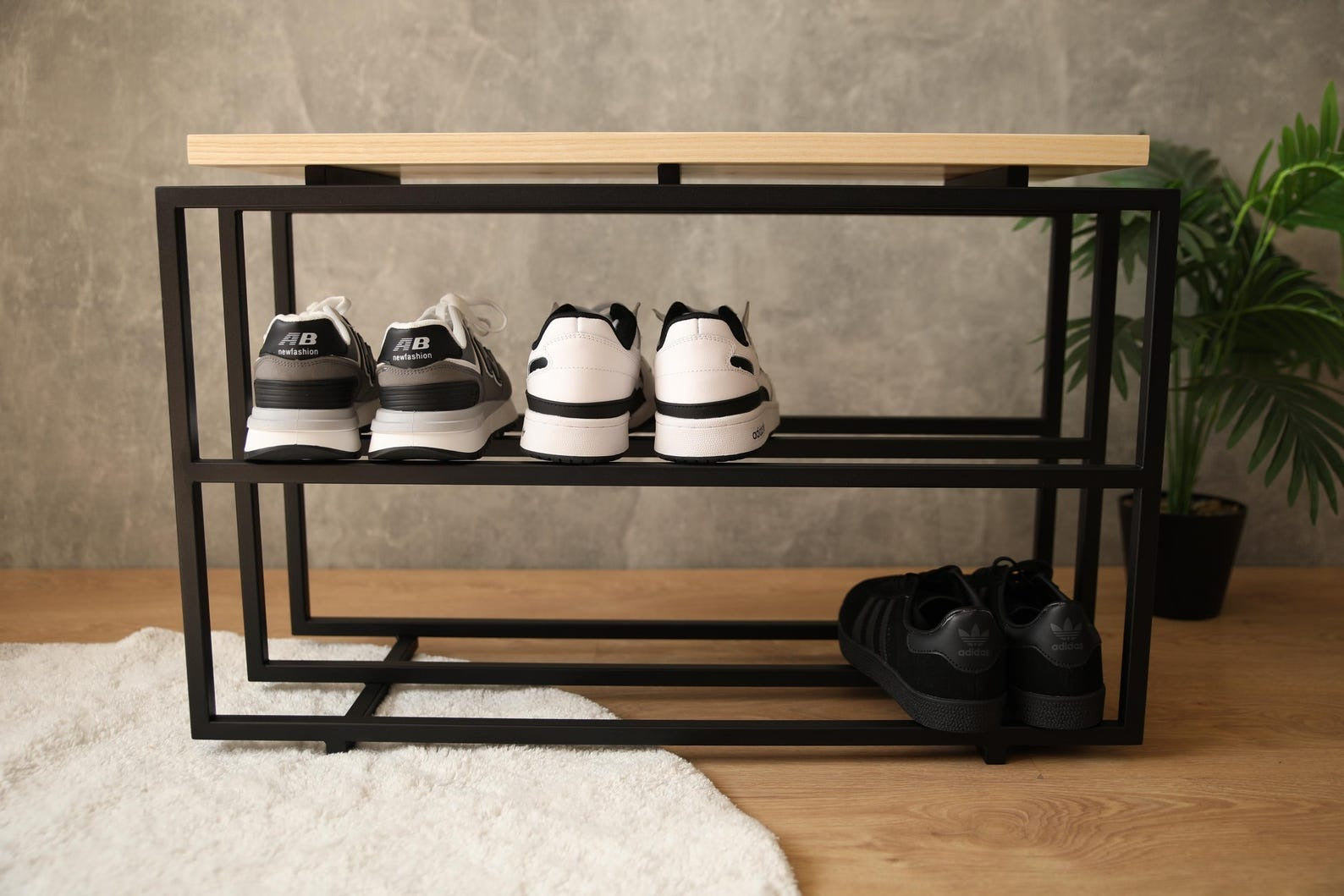 2-Tier Industrial Shoe Bench – Wooden and Metal Shoe Rack with Seat | Hallway Home Storage Organizer