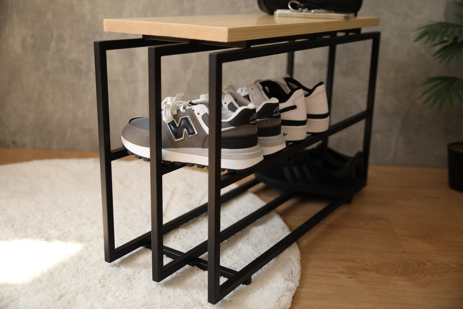 2-Tier Industrial Shoe Bench – Wooden and Metal Shoe Rack with Seat | Hallway Home Storage Organizer
