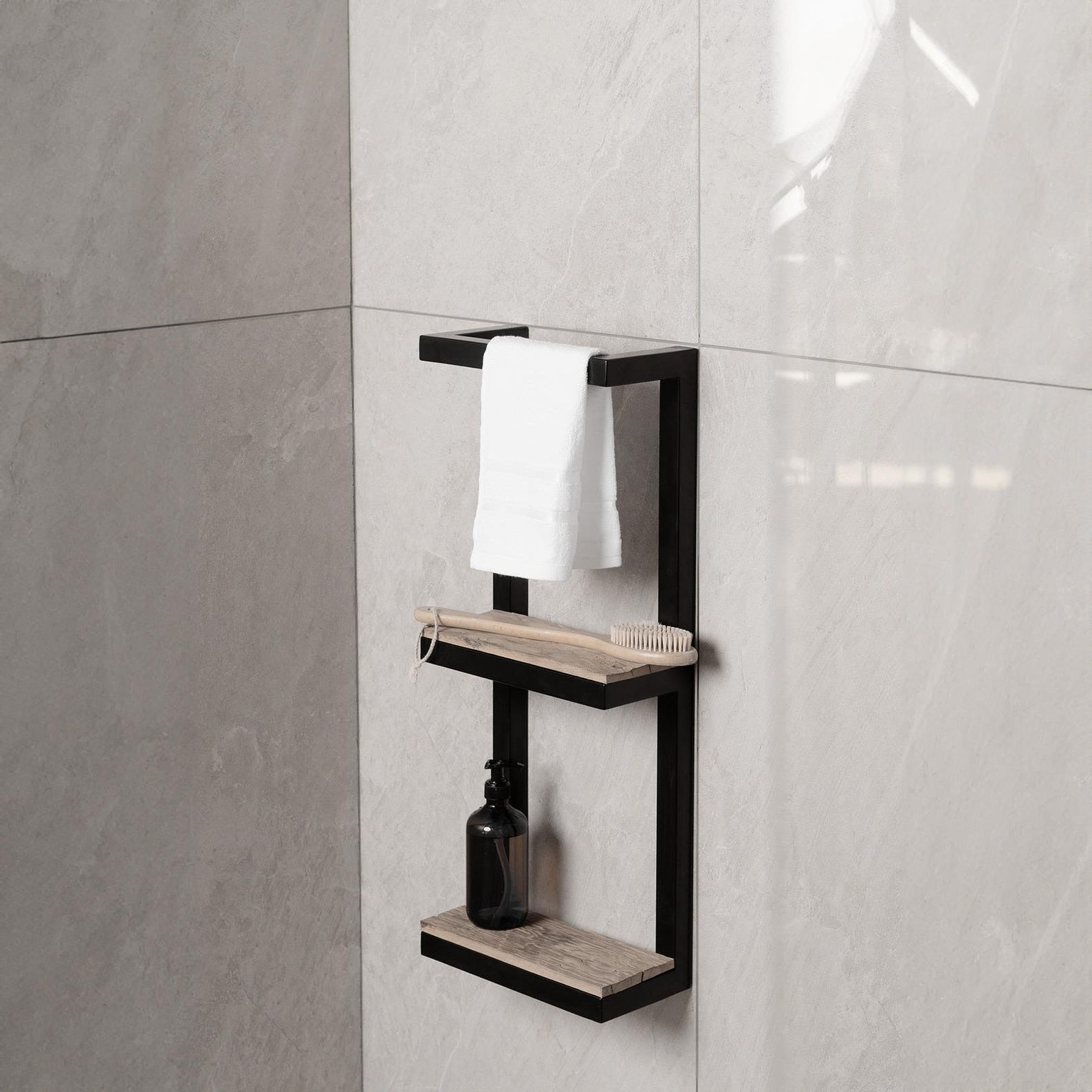 Bathroom Shelf with Towel Bar – Floating Bathroom Shelf | Wall-Mounted Metal Frame with Solid Wood Shelf