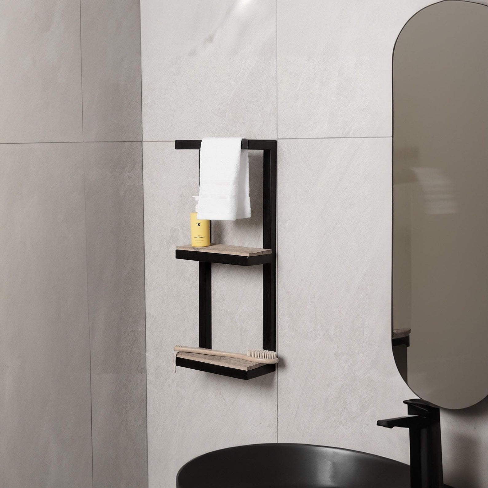 Bathroom Shelf with Towel Bar – Floating Bathroom Shelf | Wall-Mounted Metal Frame with Solid Wood Shelf