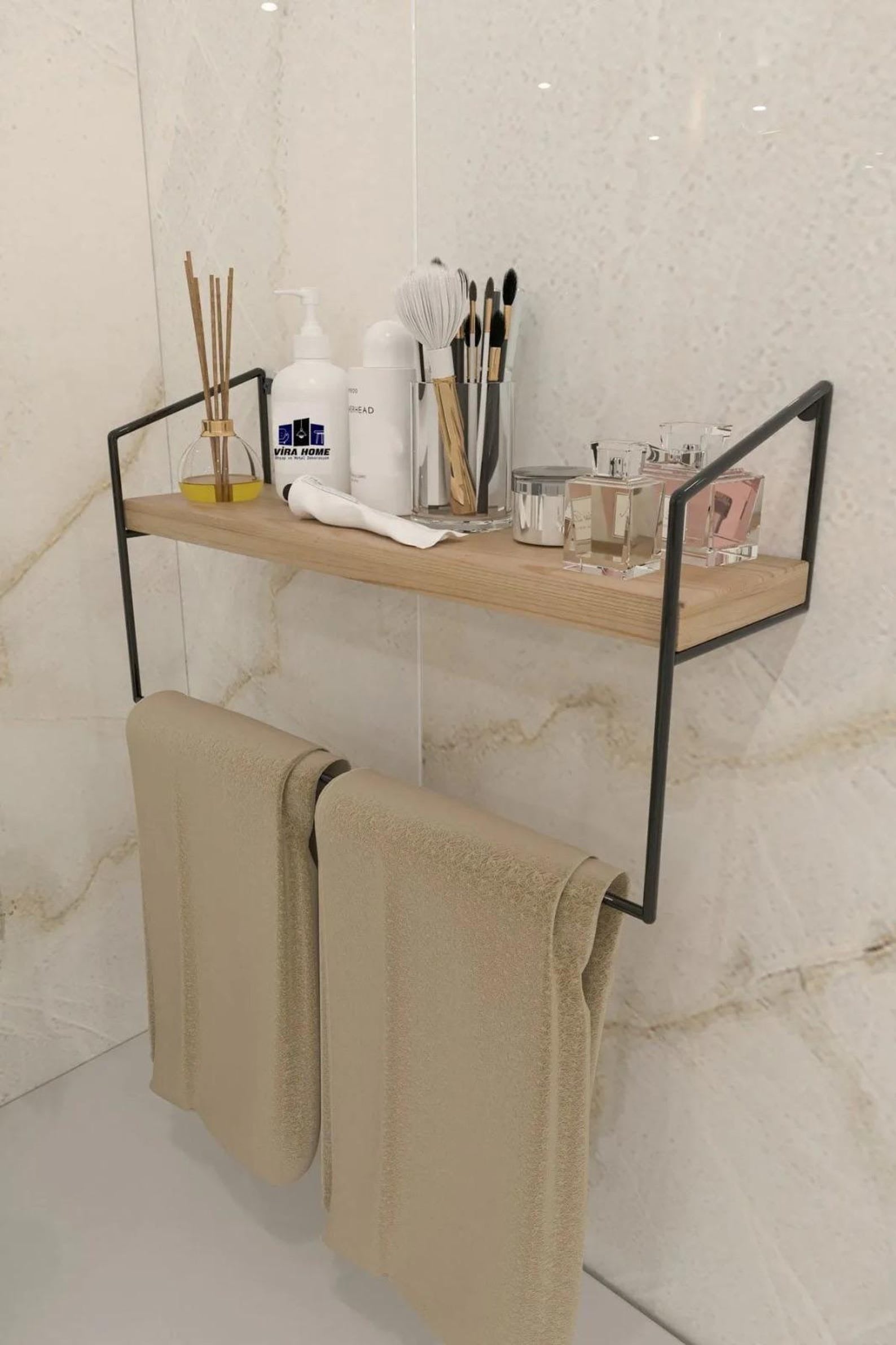 Bathroom Kitchen Towel Holder – Decorative Metal Towel Rack with Shelf | Wall-Mounted Organizer
