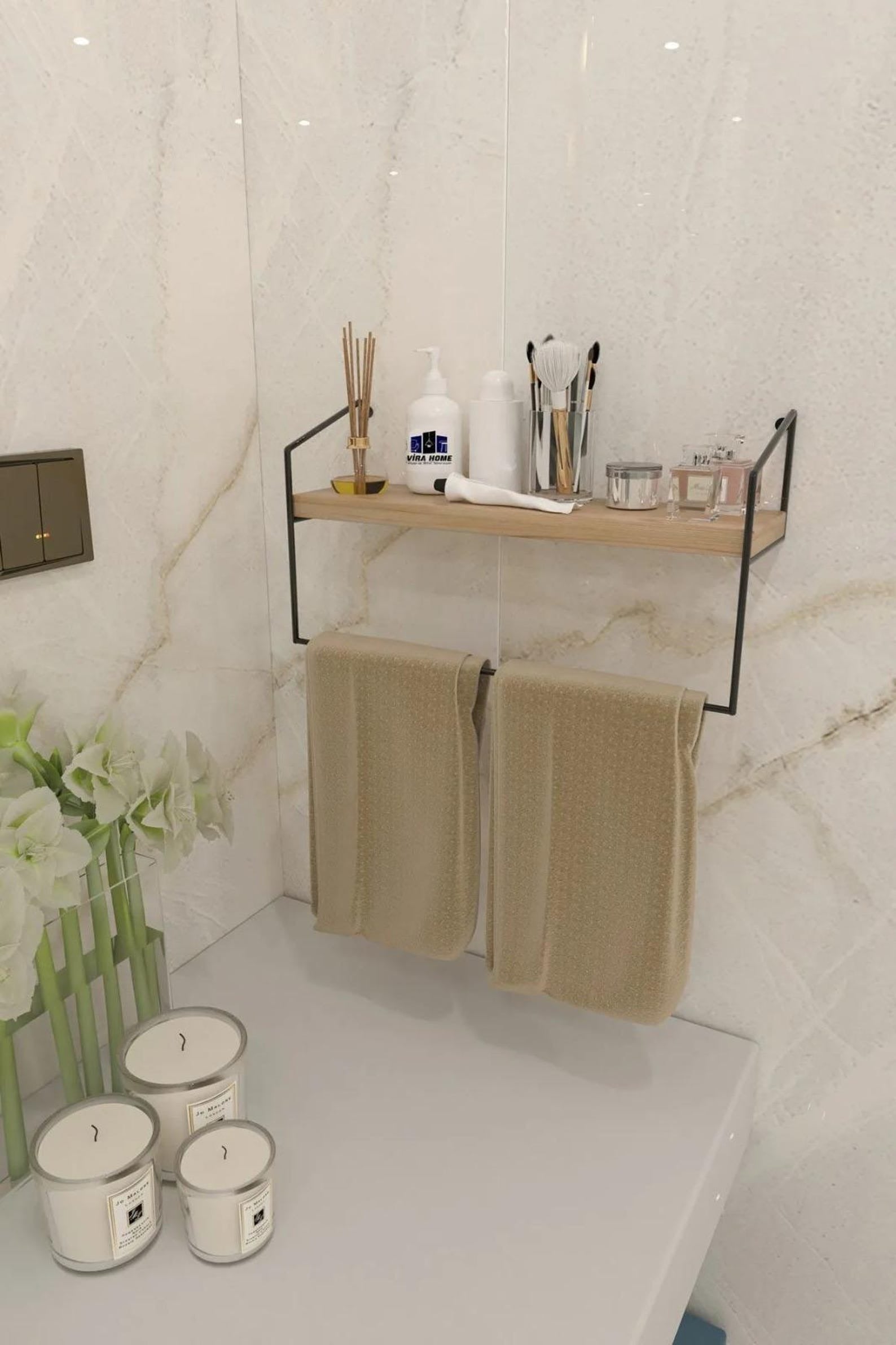 Bathroom Kitchen Towel Holder – Decorative Metal Towel Rack with Shelf | Wall-Mounted Organizer