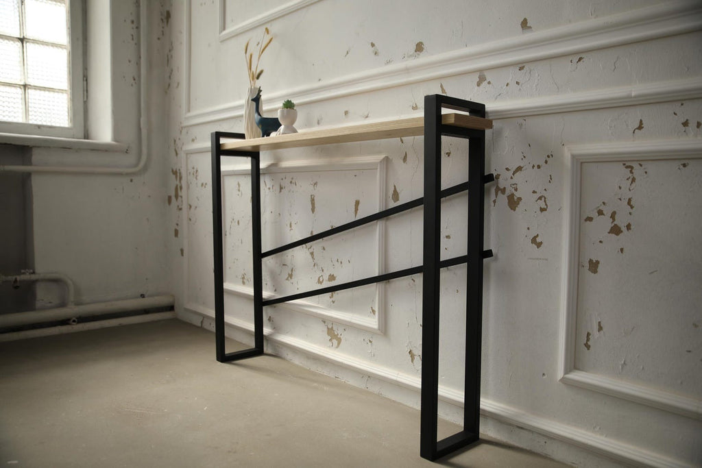 Handmade Industrial Console Table – Solid Wood with Powder-Coated Metal Frame | Wall Console with Natural Grain
