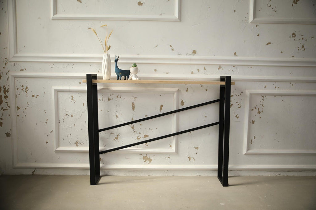 Handmade Industrial Console Table – Solid Wood with Powder-Coated Metal Frame | Wall Console with Natural Grain