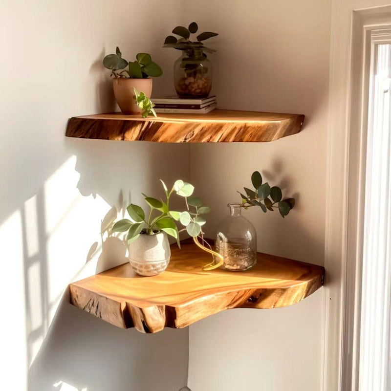 Corner Shelves – Rustic Wooden Floating Corner Shelf | Handcrafted Sheesham Wood with Live Edges for Living Room, Kitchen & Bathroom