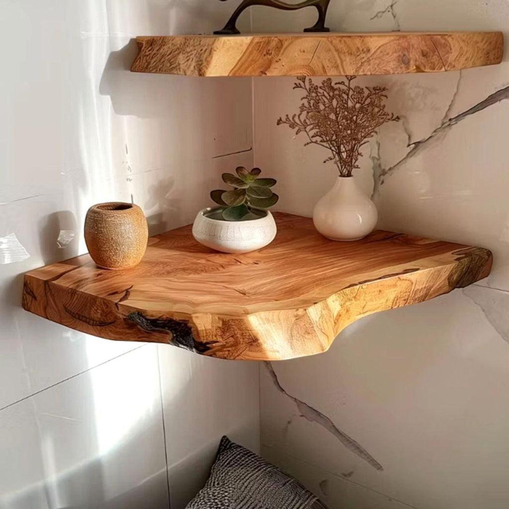 Corner Shelves – Rustic Wooden Floating Corner Shelf | Handcrafted Sheesham Wood with Live Edges for Living Room, Kitchen & Bathroom