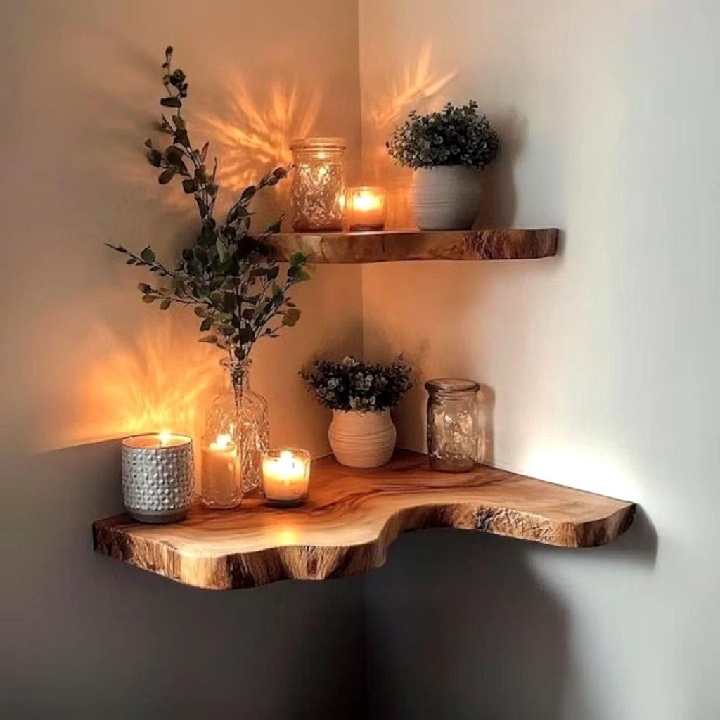 Corner Shelves – Rustic Wooden Floating Corner Shelf | Handcrafted Sheesham Wood with Live Edges for Living Room, Kitchen & Bathroom
