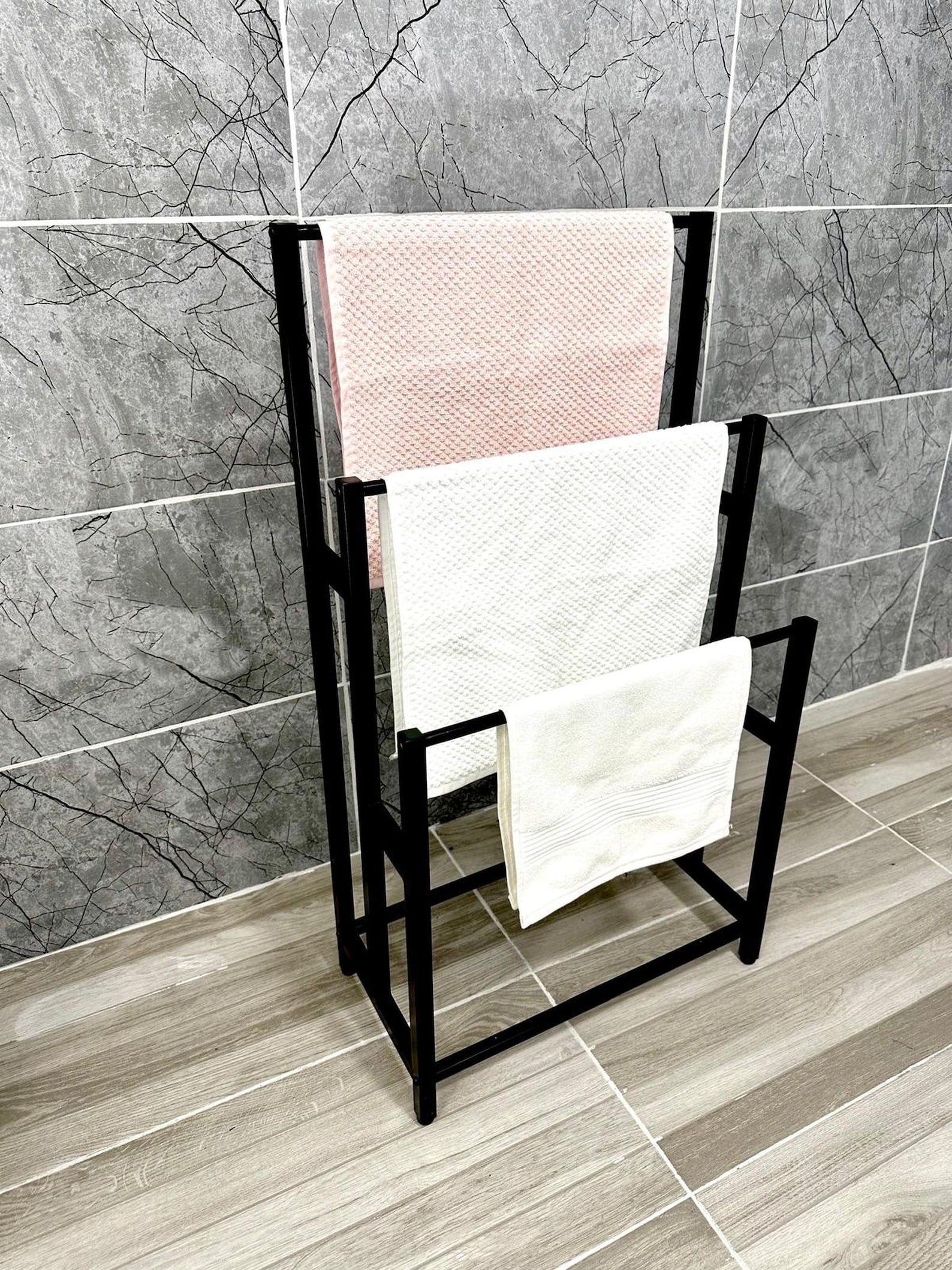 3 Tier Metal Drying Stand for Bathroom – Modern Freestanding Towel Rack | Sleek Minimalist Organizer