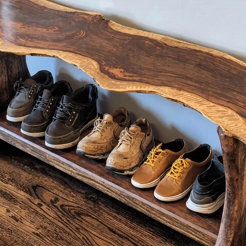 Farmhouse Shoe Rack Bench | Solid Wood Entryway Bench | Rustic Shoe Storage