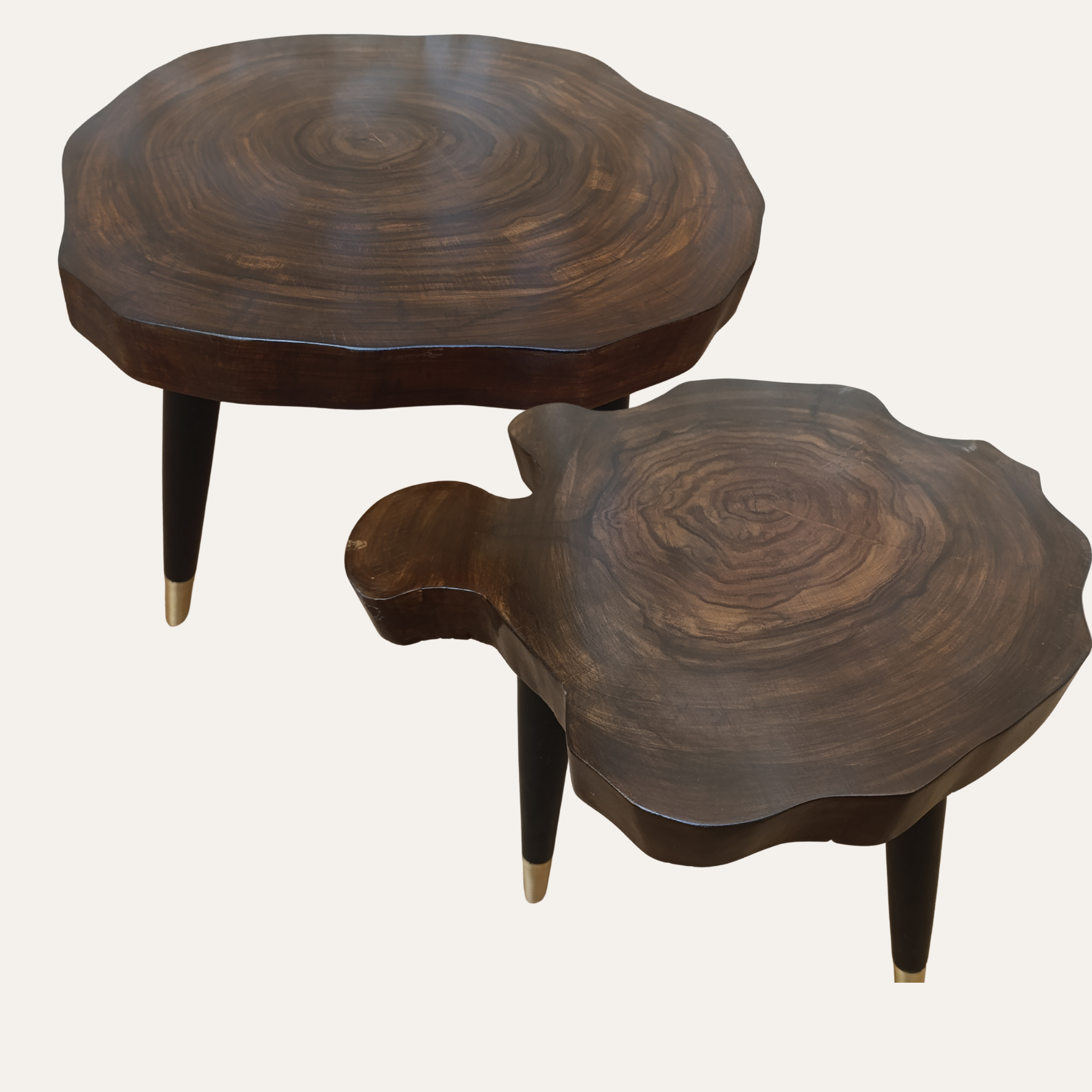 Live Edge Sheesham Wood Nesting Tables – Set of 3 with Golden Brass Tips | Aureus Living
