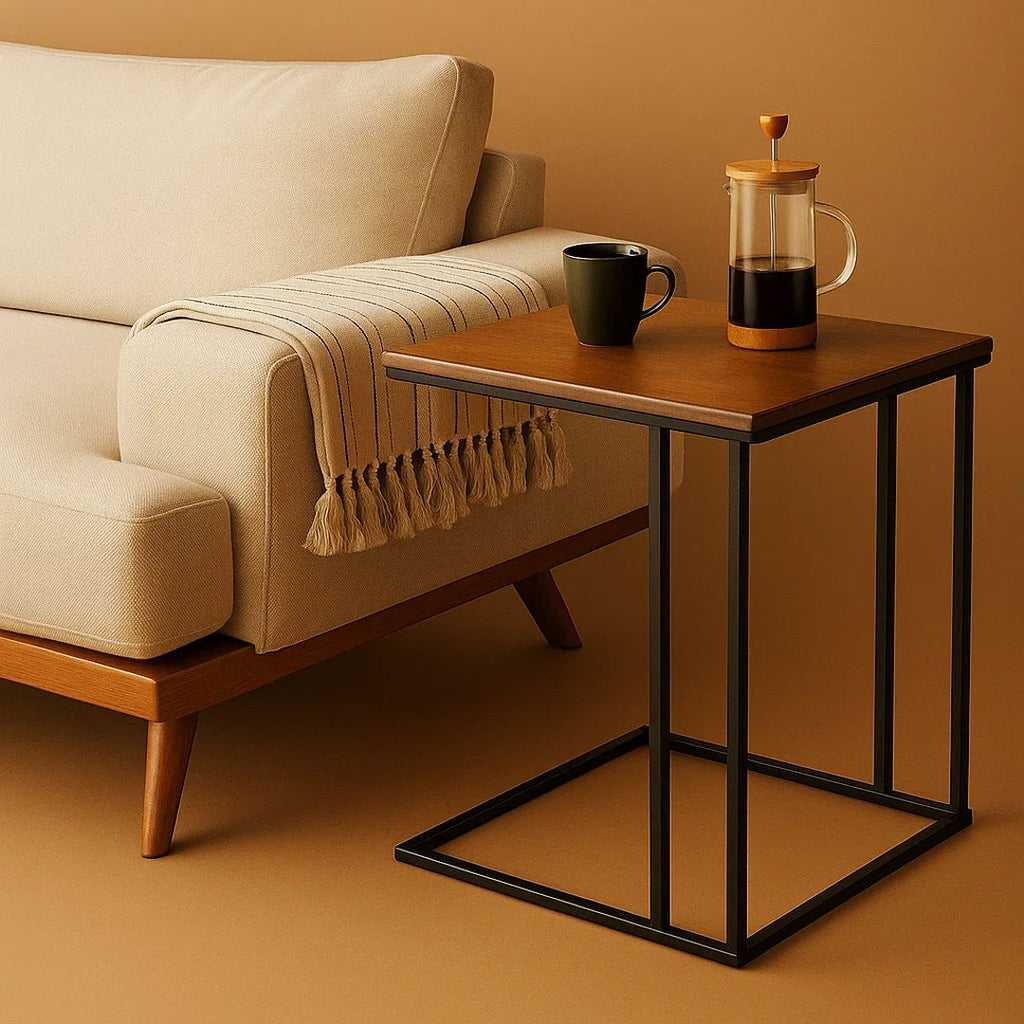 C-Shaped Side Table | Solid Wood Sofa Table | Powder-Coated Metal Frame 18x14