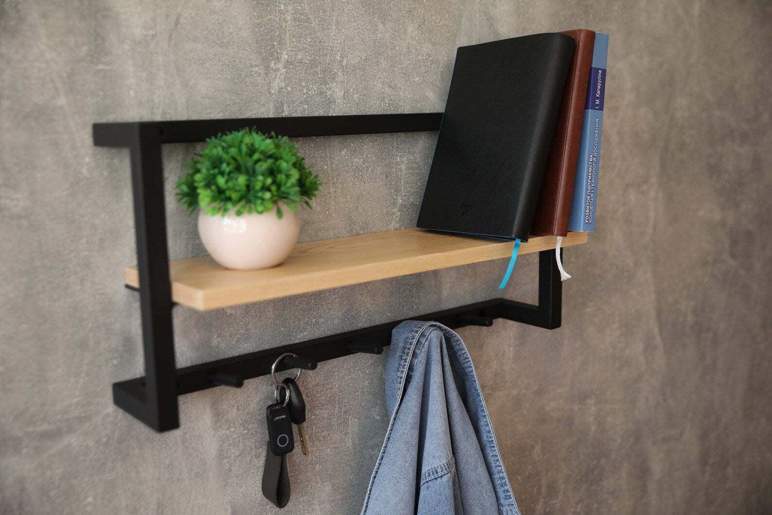 Wooden & Metal Coat Rack Wall Mount with Shelf – Rustic Entryway Organizer
