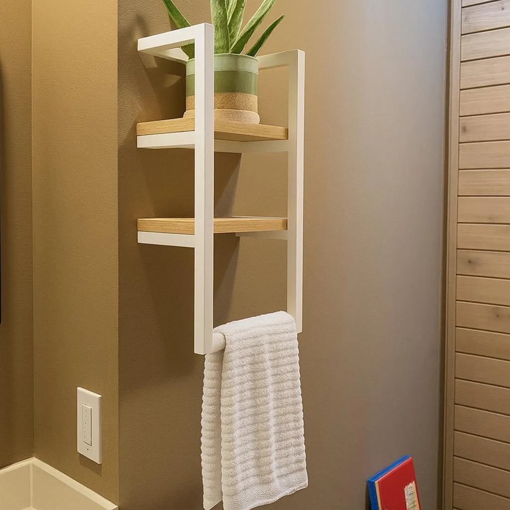Metal & Wood 2-Tier Wall Shelf with Towel Bar | Modern Bathroom & Kitchen Storage – Aureus Living