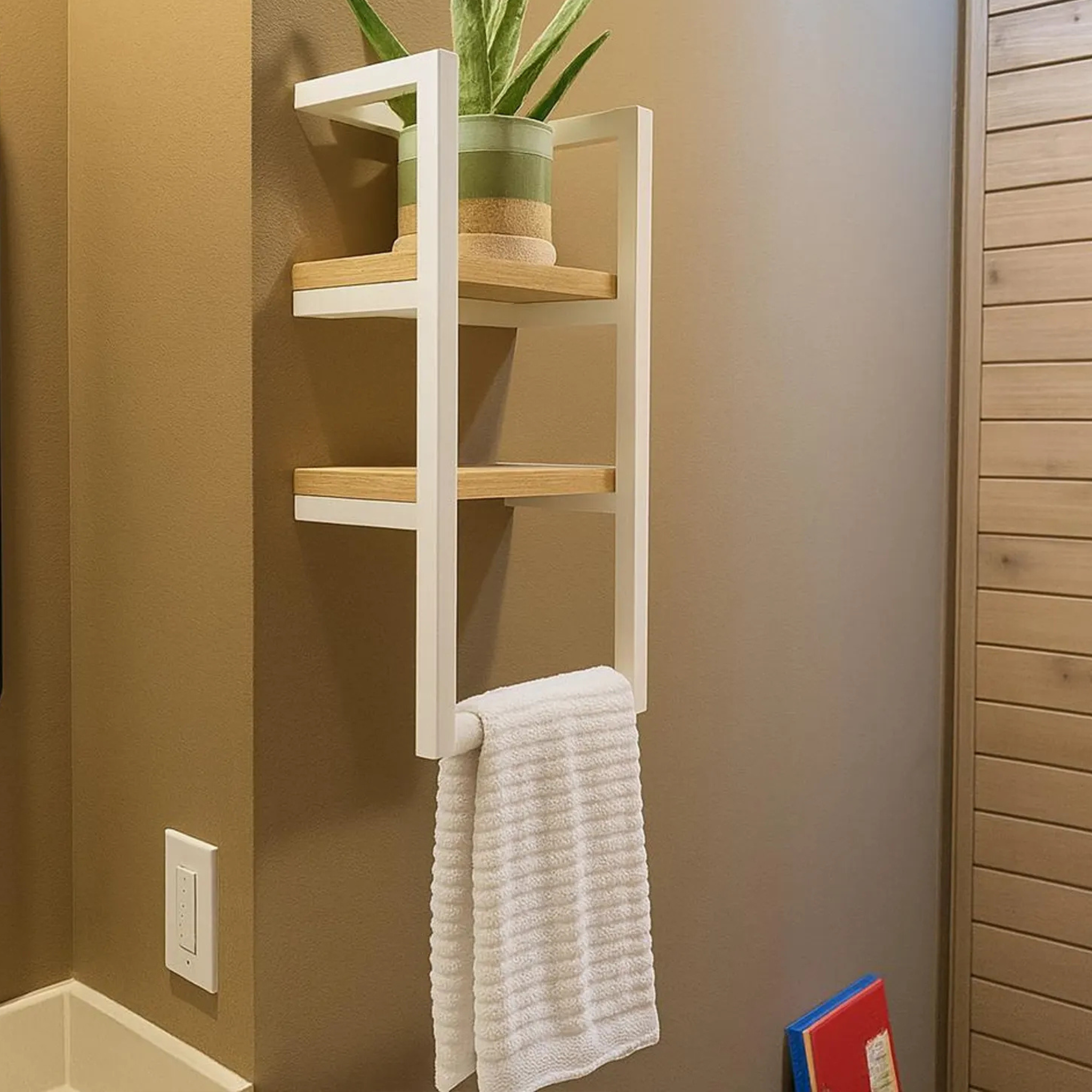 Metal & Wood 2-Tier Wall Shelf with Towel Bar | Modern Bathroom & Kitchen Storage – Aureus Living