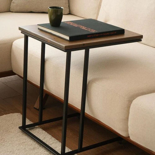 C-Shaped Side Table | Solid Wood Sofa Table | Powder-Coated Metal Frame 18x14