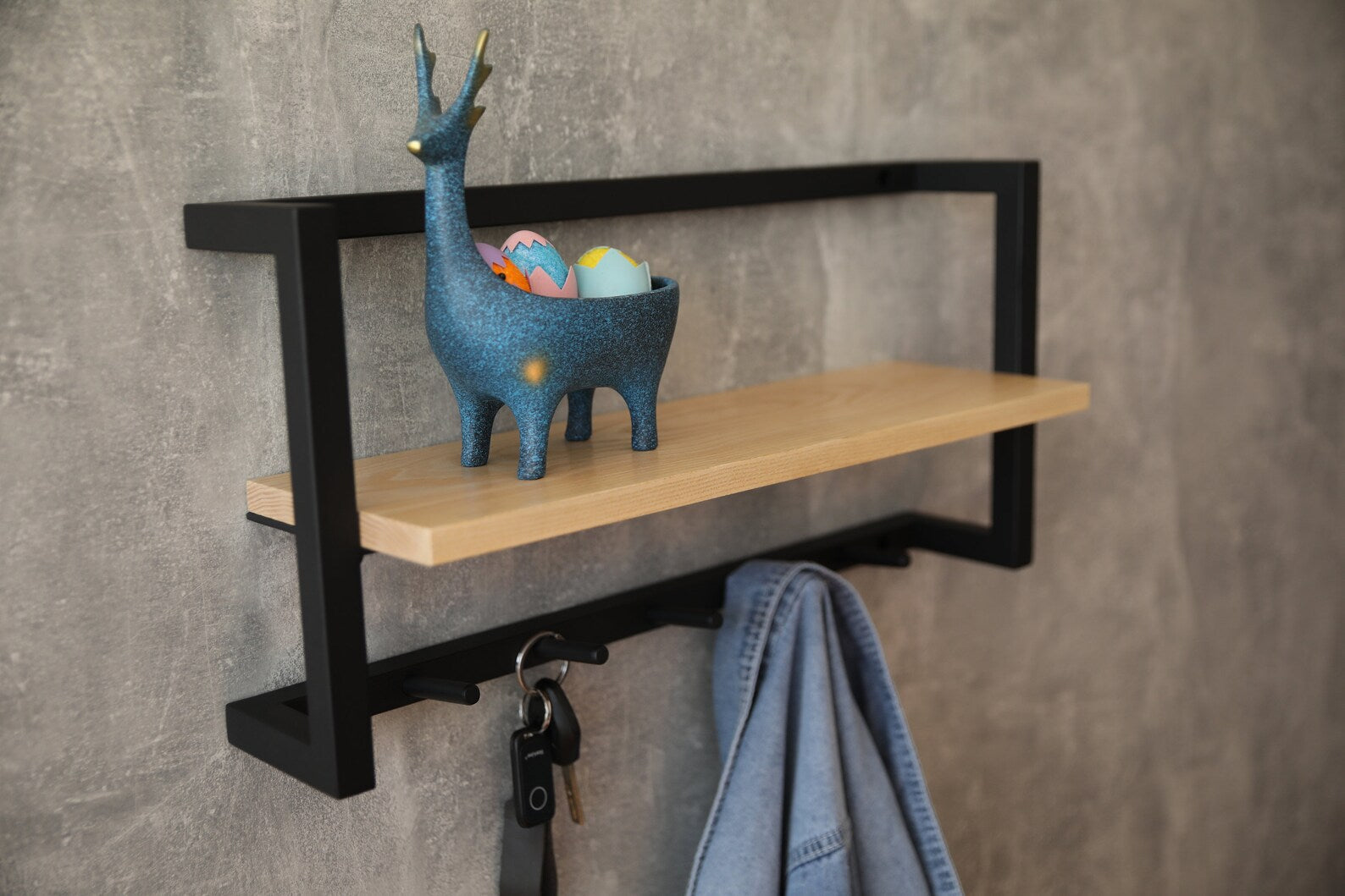 Wooden & Metal Coat Rack Wall Mount with Shelf – Rustic Entryway Organizer