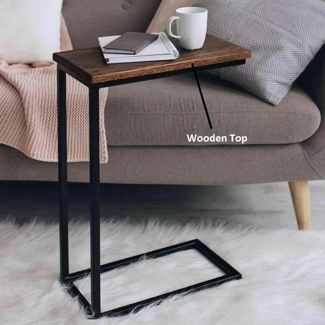 C-Shape Solid Wood Side Table with Metal Base – Modern Sofa Laptop Table | Space Saving Handcrafted Furniture by Aureus Living Pakistan